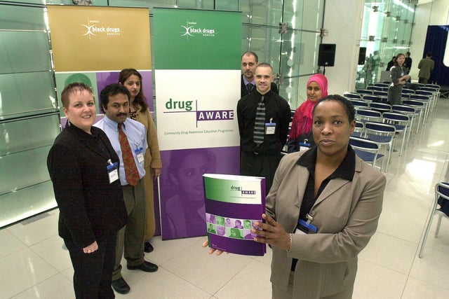 The launch of Drug Aware at the Millennium Galleries in 2002 l to R Donna Linehan, Manager Sheffield Black Drugs service and Drug Aware team Aziz Muthana, Rifhat Aziz, Nabiel Nagi, Lee Wisdom  Zahra Abdullah and Carol Anderson