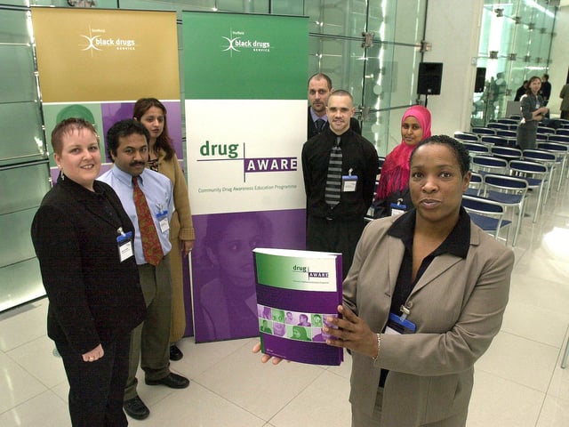 The launch of Drug Aware at the Millennium Galleries in 2002 l to R Donna Linehan, Manager Sheffield Black Drugs service and Drug Aware team Aziz Muthana, Rifhat Aziz, Nabiel Nagi, Lee Wisdom Zahra Abdullah and Carol Anderson