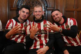 (From left to right) John Egan, Adam Davies and Jack Robinson of Sheffield United: Paul Thomas /Sportimage