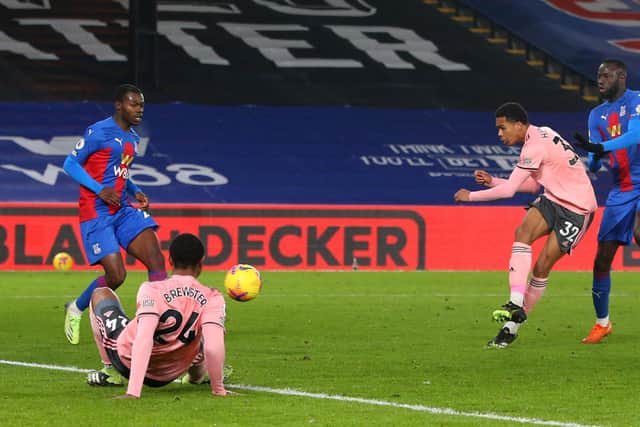 Antwoine Hackford takes a shot on goal after making his debut for Sheffield United at Crystal Palace: Paul Terry/Sportimage