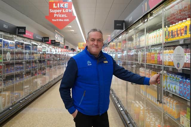 Store manager Peter Goldstraw at the Aldi supermarket in Fox Valley shopping centre in Stocksbridge, Sheffield, which has reopened after a major refit