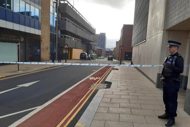 A number of roads were sealed off around Eyre Street in Sheffield city centre yesterday after concerns were raised for the welfare of a woman in a car park