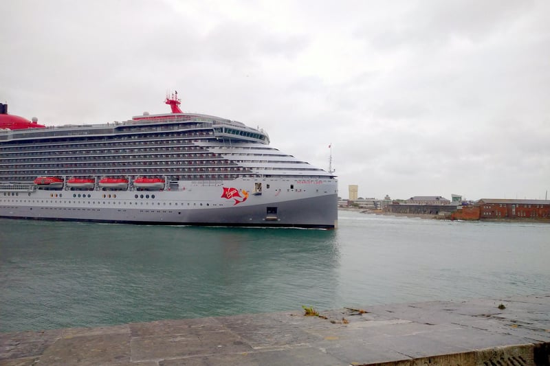 Virgin's immense and impressive cruise ship Scarlet Lady arrives in Portsmouth under grey skies. Taken by Karen Davis-Duncan