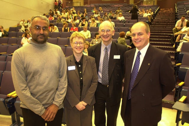 At the 2001 Sheffield multilingual conference at Sheffield Hallam University's Pennine Lecture were, left to right, from Black Card  Zahid Hamid, Evelyn Milne, head of Sheffield council regeneration partnership, chief executive of Sheffield chamber of commerce Nigel Tomlinson and from the university of Bangor Keith Marshall. Theatre