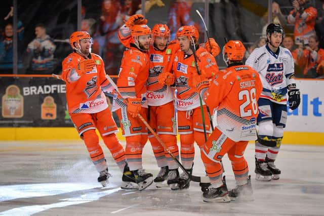 SHeffield Steelers players celebrate Tanner Eberle's goal against Dundee on Saturday night