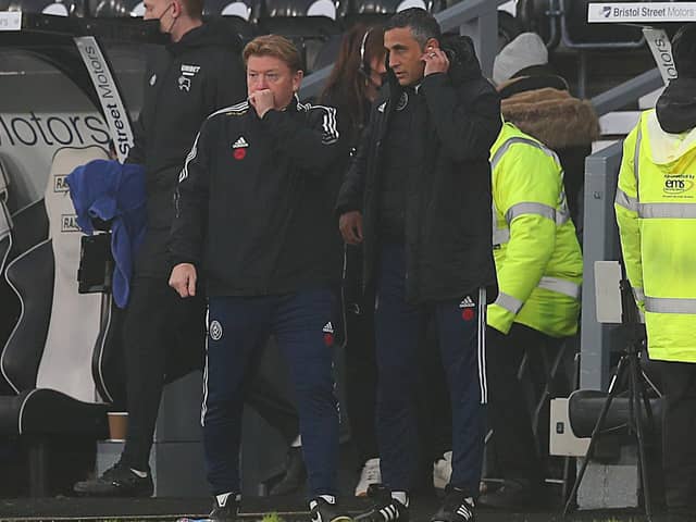 Stuart McCall and Jack Lester were in charge on the touchline at Derby County with Sheffield United manager Paul Heckingbottom isolating: Simon Bellis / Sportimage