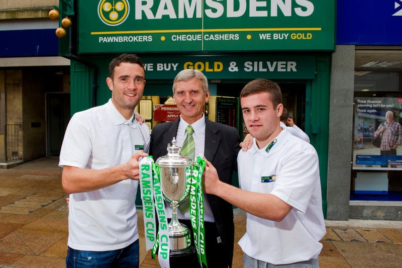 Promoting a 2013 Ramsdens Cup Quarter-Final clash with Falkirk with Laurie Ellis (left) and ex-Raith captain Brian Cooper.