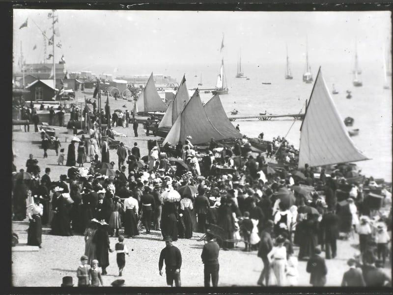 Sailing boats on the beach at Southsea in the 1890s. Photo by F. J. Mortimer/Hulton Archive/Getty Images