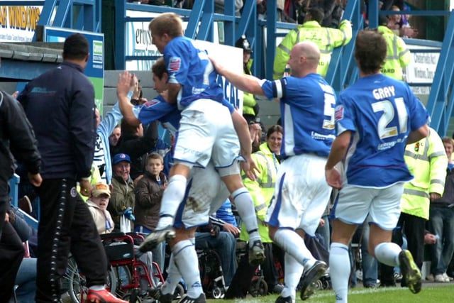 Jamie Winter celebrates scoring Chesterfield's first goal in their 3-1 win against Mansfield in the FA Cup in 2008.