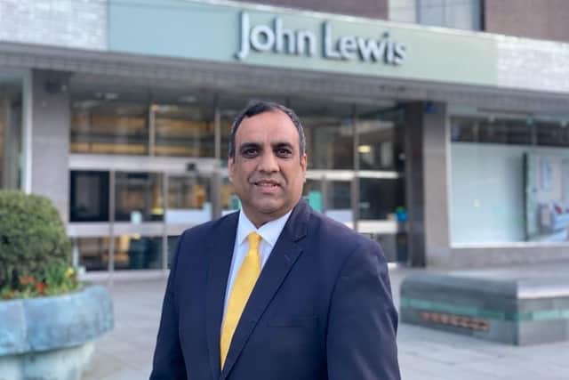 Councillor Shaffaq Mohammed, leader of Sheffield Liberal Democrats, outside the John Lewis building in Barker's Pool, Sheffield.