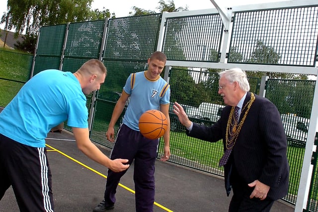 Outgoing Civic Mayor of Doncaster, Councillor Paul Coddington, officially opened the multi-purpose games area/play park on Bolton Hill fields, on Stoops Lane, Bessacarr, in 2009 and our picture shows him demonstrating his basketball skills alongside Marcus Brandon, aged 19, of Cantley, and Ashley Harris, also aged 19, of Bessacarr