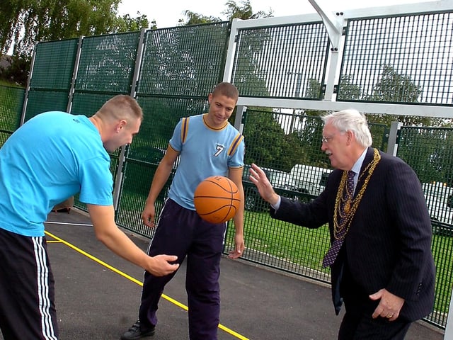 Outgoing Civic Mayor of Doncaster, Councillor Paul Coddington, officially opened the multi-purpose games area/play park on Bolton Hill fields, on Stoops Lane, Bessacarr, in 2009 and our picture shows him demonstrating his basketball skills alongside Marcus Brandon, aged 19, of Cantley, and Ashley Harris, also aged 19, of Bessacarr