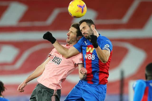 Chris Basham of Sheffield United challenges Luka Milivojevic of Crystal Palace during the Premier League match at Selhurst Park, London: Paul Terry/Sportimage