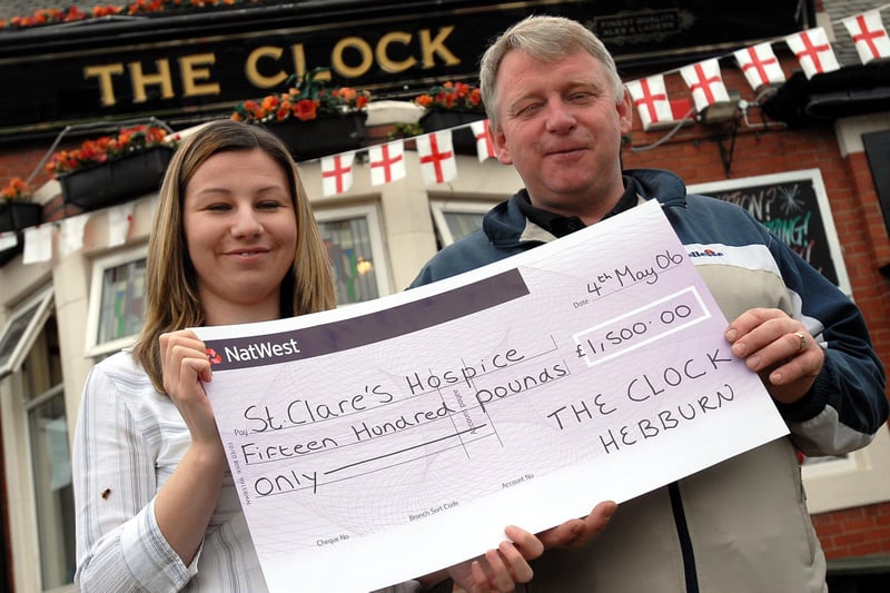 St Clare's Hospice fundraising manager Marie Watson was pictured in 2006 with Norman Scott from The Clock pub after a magnificent fundraiser 15 years ago.