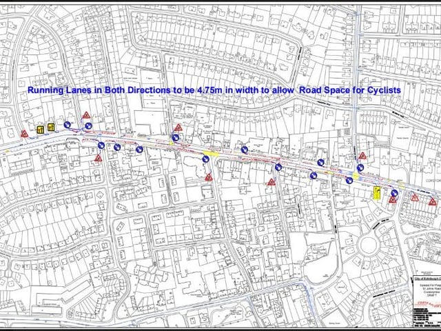 Retain many parking and servicing bays on St Johns Road. Widen footpaths on both sides of St Johns Road where pavements are very narrow and all bus stops remain. Widening of footway on north side from Templeland Road to Victor Park Terrace, and on south side from opposite Templeland Road to Farmer’s Autocare, some loading bays retained. Widening of narrow sections of footway on both sides between St Ninian’s Road and Station Road, 4.75m width running lane in either direction to provide additional space for cyclists.