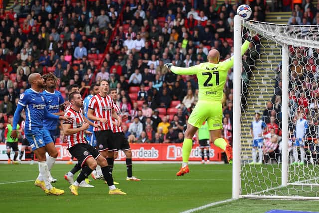Sheffield United's Tommy Doyle hits the woodwork against Birmingham City: Simon Bellis / Sportimage