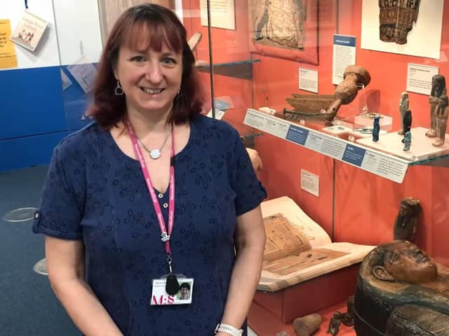 Curator of Archaeology, Martha Lawrence in the Ancient Egypt gallery at Weston Park Museum