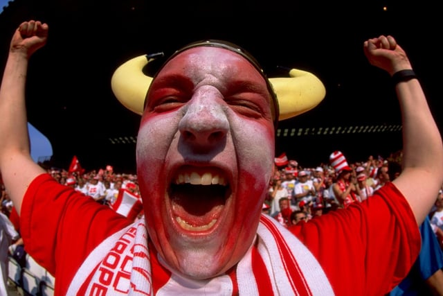 A Denmark fan on the Kop during the Euro 96 group D match against Croatia at Hillsborough in June 1996.