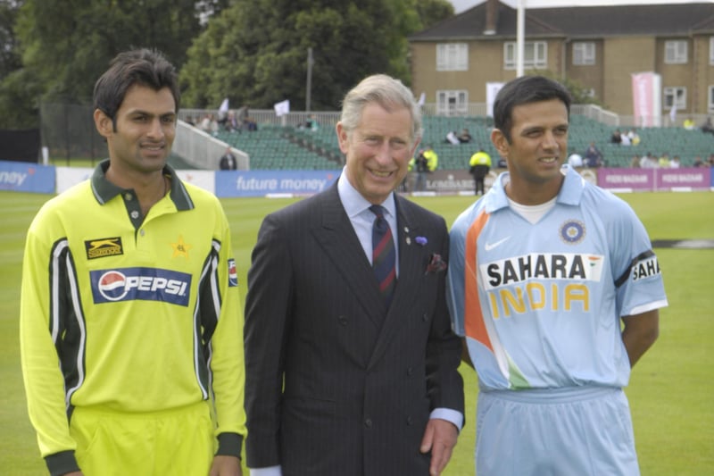 Prince Charles meets with team captains Shoaib Malik and Rahul Dravid at the Future Friendship Cup match between India and Pakistan at Titwood. 