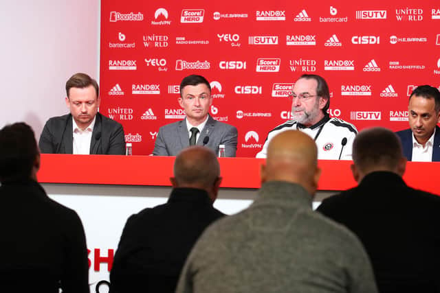 Paul Heckingbottom (2L) is unveiled as the new manager of Sheffield United with CEO Stephen Bettis, chairman Yusuf Giansiracusa and director Abdullah bin Yousef Alghamdi: Simon Bellis/Sportimage