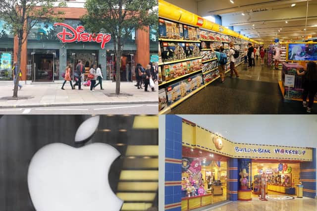 A collage of four of the 10 big-name shops our readers said they would love to come to Portsmouth. Top row, from left, Disney and Lego and, bottom row, from left, Apple and Build-A-Bear Workshop.