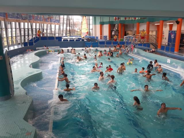 The new wave machine in action at Sheffield's Ponds Forge Surf City leisure swimming pool, following a £500,000 refurbishment