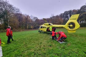 Yorkshire Air Ambulance airlifted a man to hospital after he was injured in Greno Woods in Grenoside, Sheffield. Picture: Woodhead Mountain Rescue Team