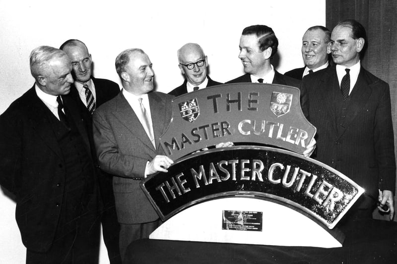 Group at Firth Vickers Stainless Steels Ltd with the name plate for the Master Cutler, c. 1950s