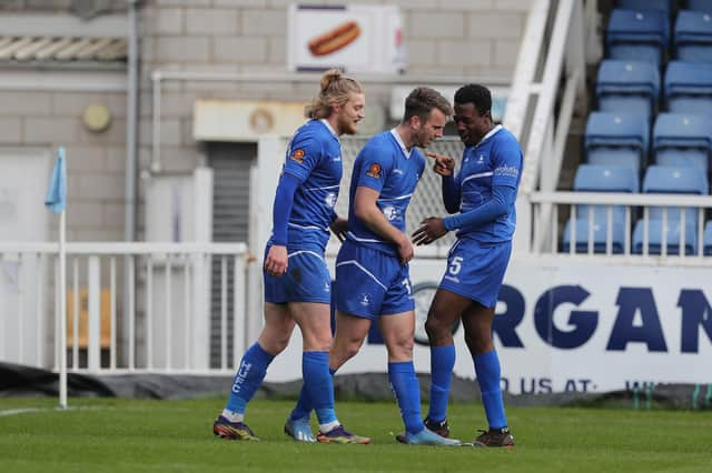 Hartlepool United's Rhys Oates celebrates after scoring during the Vanarama National League match between Hartlepool United and Dagenham and Redbridge at Victoria Park, Hartlepool on Friday 2nd April 2021. (Credit: Mark Fletcher | MI News)