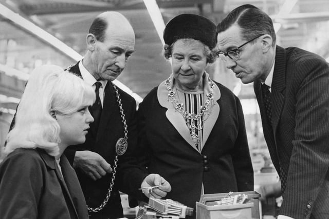 The Mayor and Mayoress of South Shields, Ald and Mrs A M Southwick, during their visit to the Plessey factory at Laygate. They are pictured with D G Booth,right,  regional general divisional manager, and P Bourke, a solderer at work in 1969.
