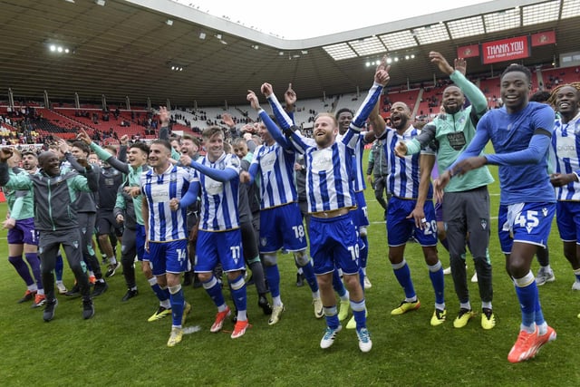 Owls celebrate staying up after a 2-0 win at the Stadium of Light.    Pic Steve Ellis