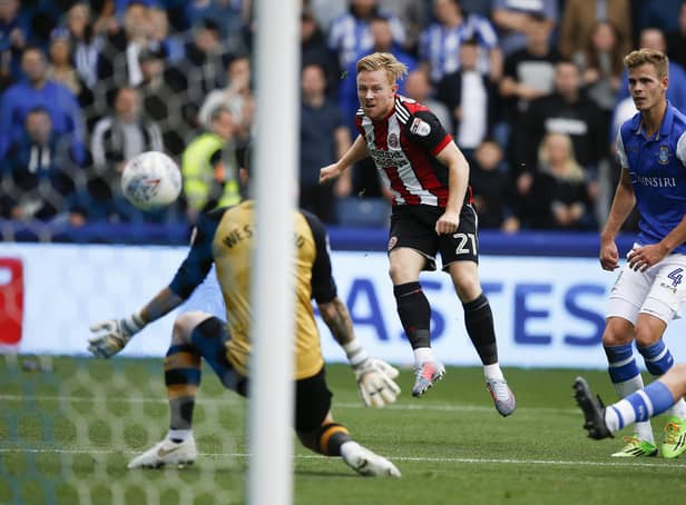 Mark Duffy of Sheffield United scores his iconic goal away at Sheffield Wednesday: Simon Bellis/Sportimage