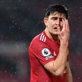 Harry Maguire of Manchester United reacts during the Premier League match between Manchester United and Sheffield United at Old Trafford. (Photo by Laurence Griffiths/Getty Images)