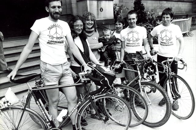 Peace pedallers on a 300-mile journey for CND pictured outside Sheffield Town Hall in June 1985