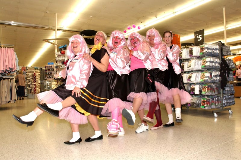 Pink power! Staff from Asda in Washington dressed as Pink Ladies in 2005 to back a Tickled Pink charity drive to help in the fight against breast cancer. Pictured are Joan Barraclough, Lynette Walker, Eileen Watson, Wendy Crow, Val Kane and Selina Stone.