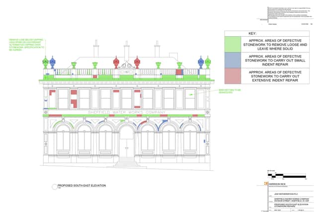 Architect's drawings of proposed repair work to JD Wetherspoons pub Lloyds No 1 Cafe Bar on Division Street in Sheffield city centre, which is a listed building. Image: Harrison Ince Architects