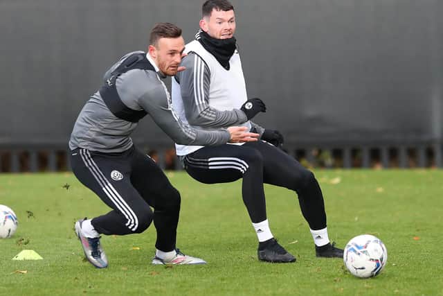 Oliver Burke (right) during a training session with Sheffield United: Simon Bellis/Sportimage