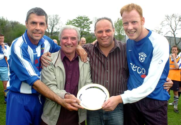 Mel Sterland All-Stars v London Owls... John Quinn with Mel Sterland, and team-captains, Ernie Moss (left) and Sid Sidebottom (right).