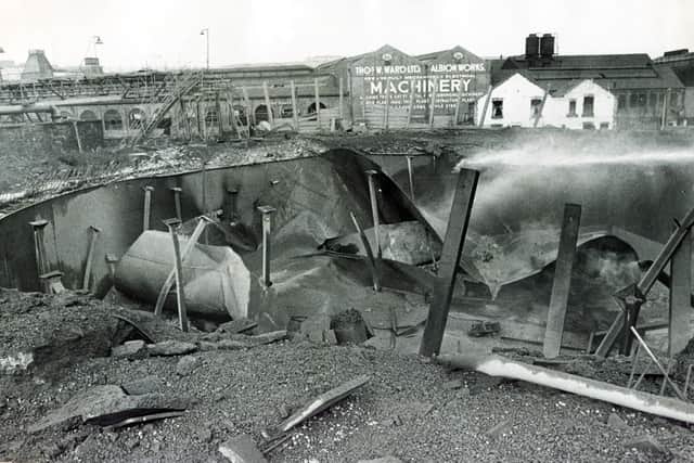 A disused tank at Effingham Street Gas Works, Sheffield that blew up, damaging properties in a quarter-mile radius. Six men were killed