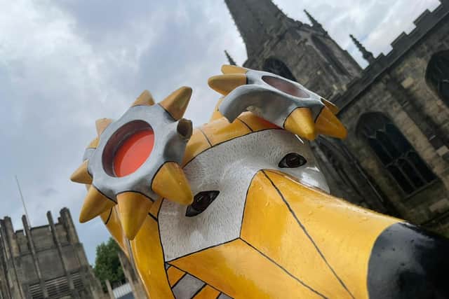 Damage to the 'Steampunk' bear outside Sheffield Cathedral