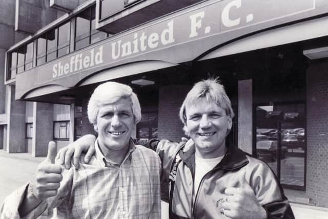 Former Sheffield United players Alan Woodward and Tony Currie 'united' outside Bramall Lane - 23rd May 1989. Both players still have their name sung by Blades fans to this day
