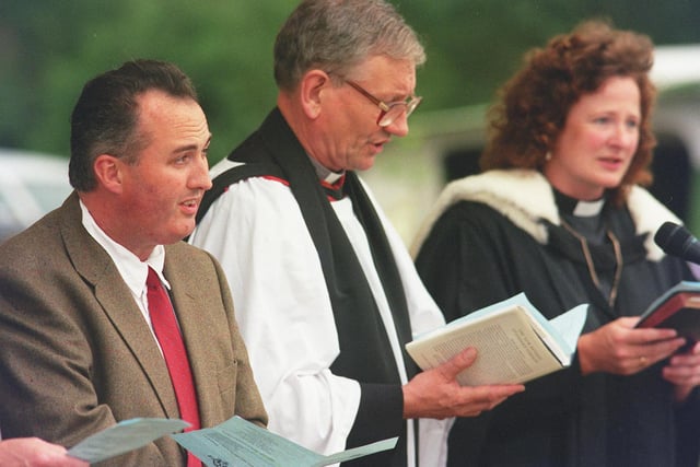 The Duke of Rutland, President of the Bakewell Show, pictured with the Rev Edmund Urquhart and Rev Nichola Jones, at the opening ceremony for the 1999 Bakewell Show