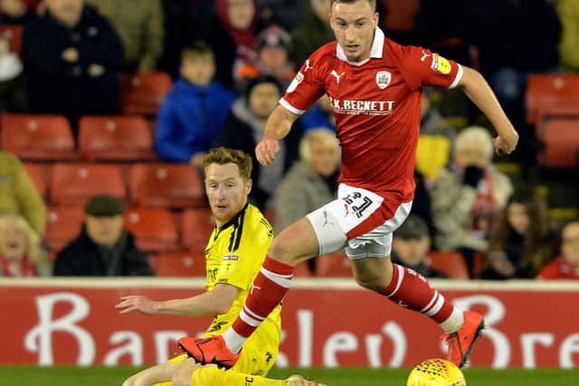 Mike Bahre of Barnsley FC in action at Oakwell in February 2019. The club is nicknamed the Tykes