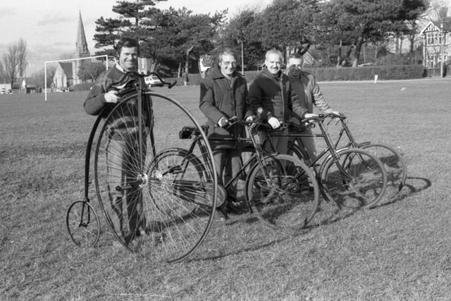 On yer bike... that's the message from a Lancashire group of veteran bicycle enthusiasts. Those with old cycles, none-too-keen on the wheels of change, are invited to the inaugural meeting of the Lancashire section of the Southern Veteran Cycle Club. Pictured in Wrea Green with an 1885 Rudge penny farthing is Mr Richard Lancaster, and friends Ronnie Howarth, John Ridley and Frank Evans