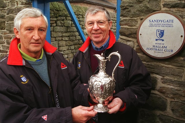 Pictured at the Hallam FC ground LtoR are, Alan Cooper President of the club, and Tony Scanlan Chairman of the club, with the trophy dating back to 1867.