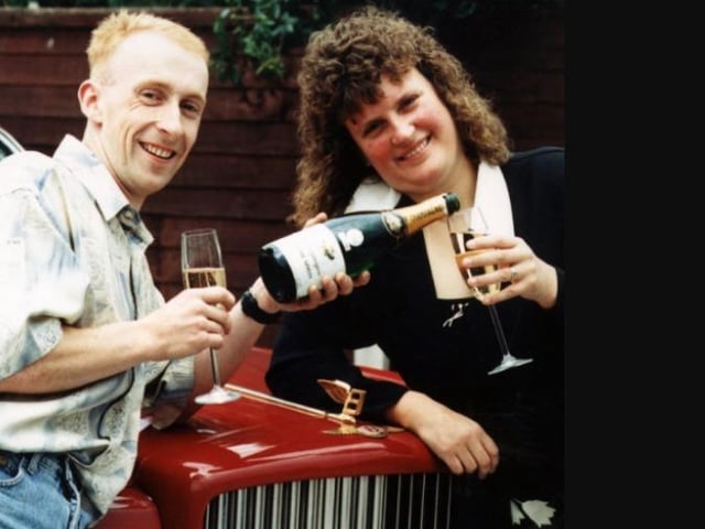 Craig and Diane Oldham celebrate winning the January Sails competition in 1997