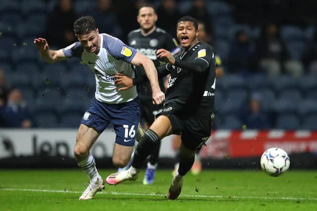 Rhian Brewster of Sheffield United (R) is fouled by Andrew Hughes of Preston North End, resulting in a penalty during the Sky Bet Championship match at Deepdale, Preston: Simon Bellis / Sportimage