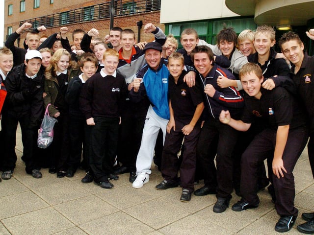 School kids with boxer Clinton Woods after his weigh in at the Hilton Hotel, Sheffield, on September 28, 2007