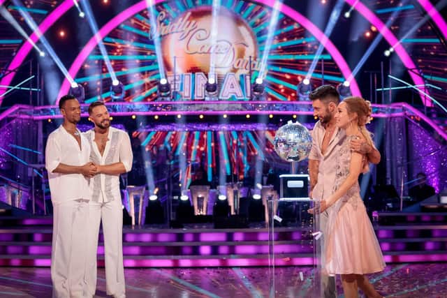 Runners-up Johannes Radebe and John Whaite and winners  Giovanni Pernice and Rose Ayling-Ellis during the final of Strictly Come Dancing 2021