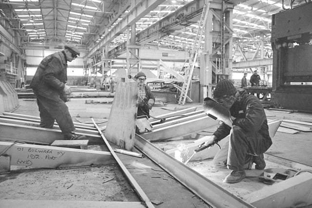 Inside Sunderland Shipbuilders, Ltd, new £11 million undercover shipyard complex at Pallion in April 1976. Does this bring back memories?